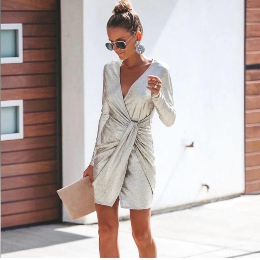 Vici Metallic Silver Long Sleeve Dress Size L